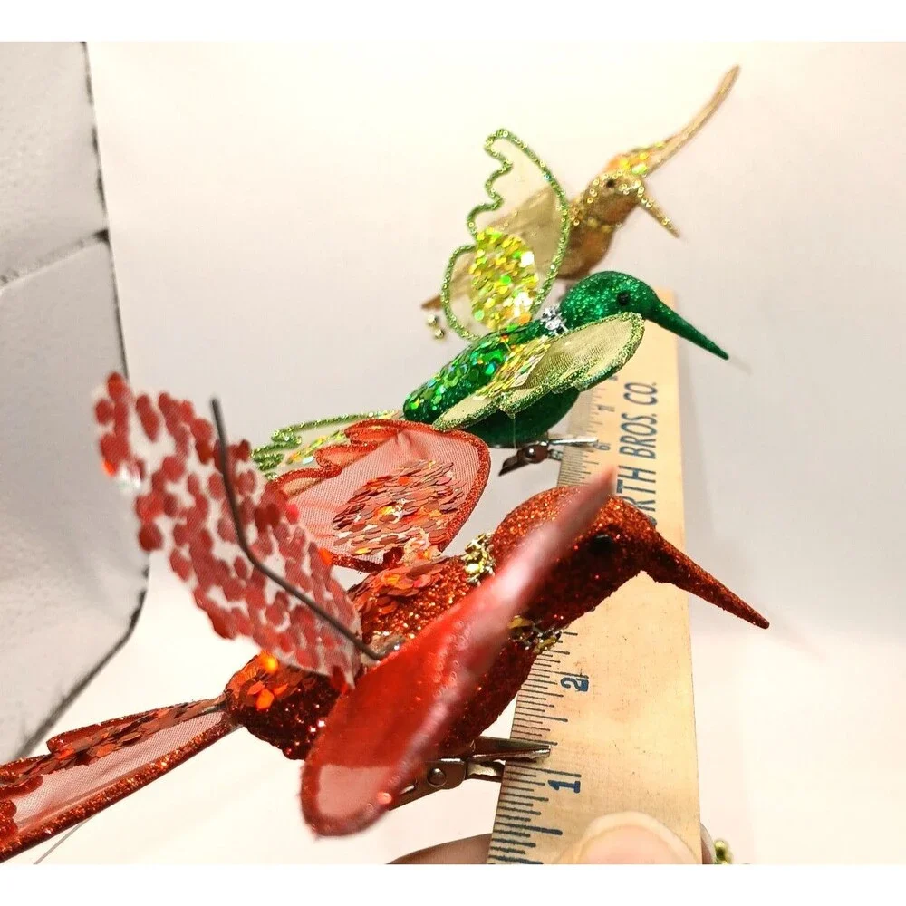 Clip On Bird Ornaments Hummingbirds Red Green Gold Glitter & Sequins Set Of 4